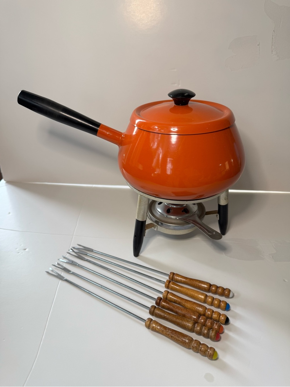 Vintage Orange Fondue Pot with Burner and Skewers Boho Retro Home Kitchen
